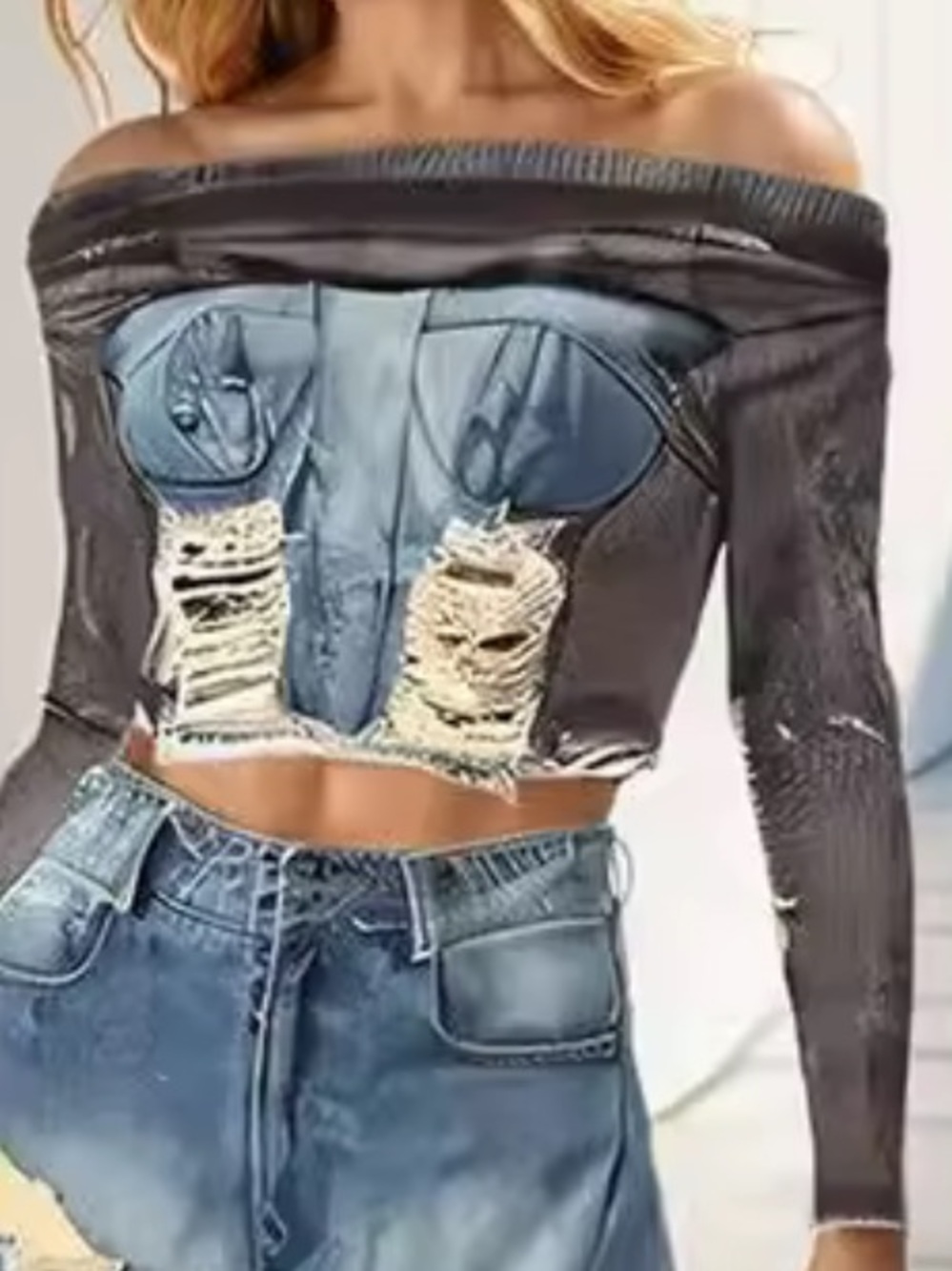 Off-Shoulder Distressed Denim Bustier Top in Black and Light Blue - Picture 4 of 5